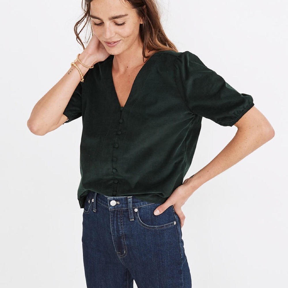 ISO:Madewell Corduroy Puff-Sleeve Button-Front Top
